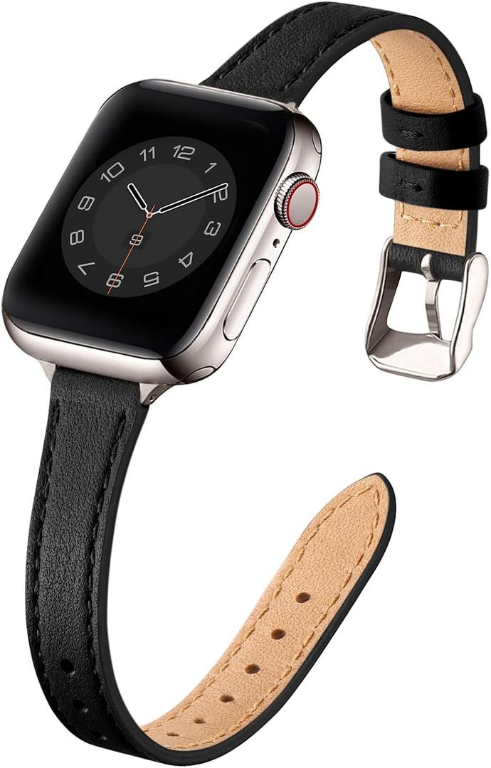 STIROLL Slim Leather Bands Compatible with Apple Watch Band 38mm 40mm 41mm 42mm(Series 11 10), Top Grain Leather Watch Thin Wristband for iWatch SE 9 8 7 6 5 4 3 2 1 (Black Starlight Silver)