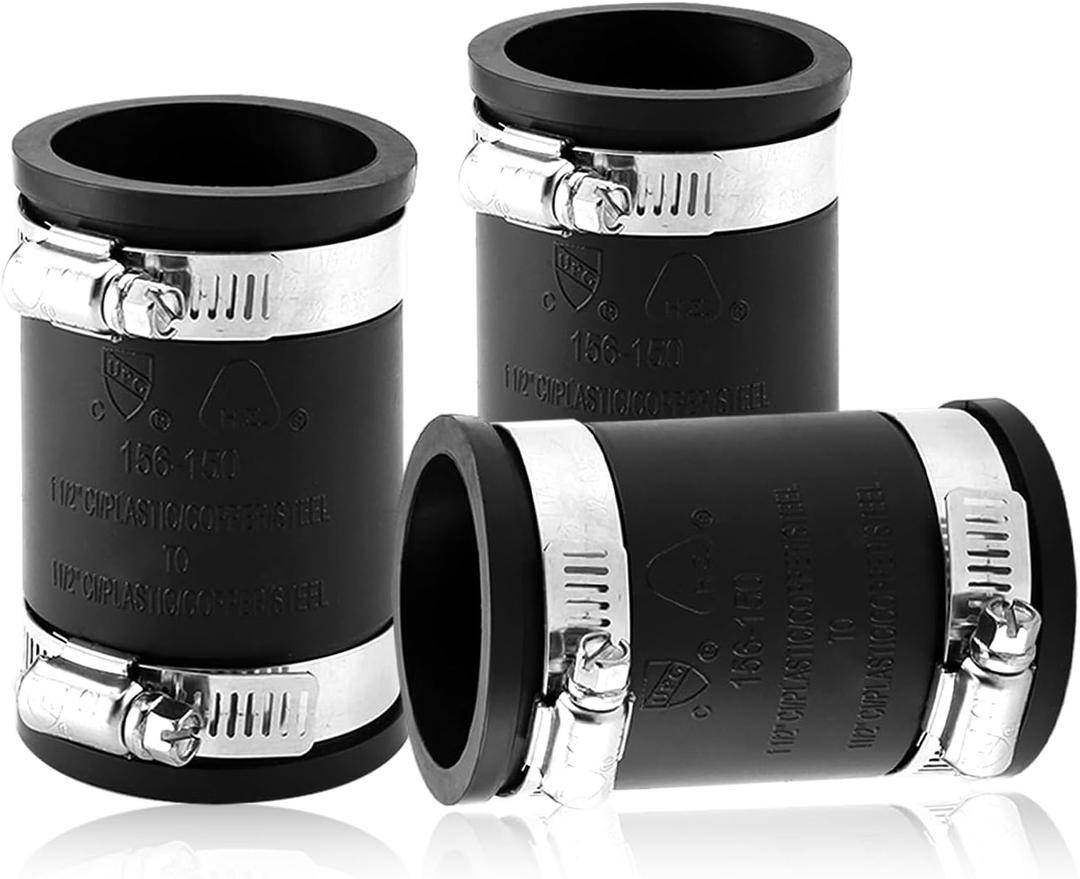 3 Pcs 1 1/2" Flexible Pvc Pipe Coupling with Stainless Steel Clamp, Flexible Fitting for Connecting Cast Iron, Plastic and Copper Pipes, for Sewer and Drain Connections(Black)