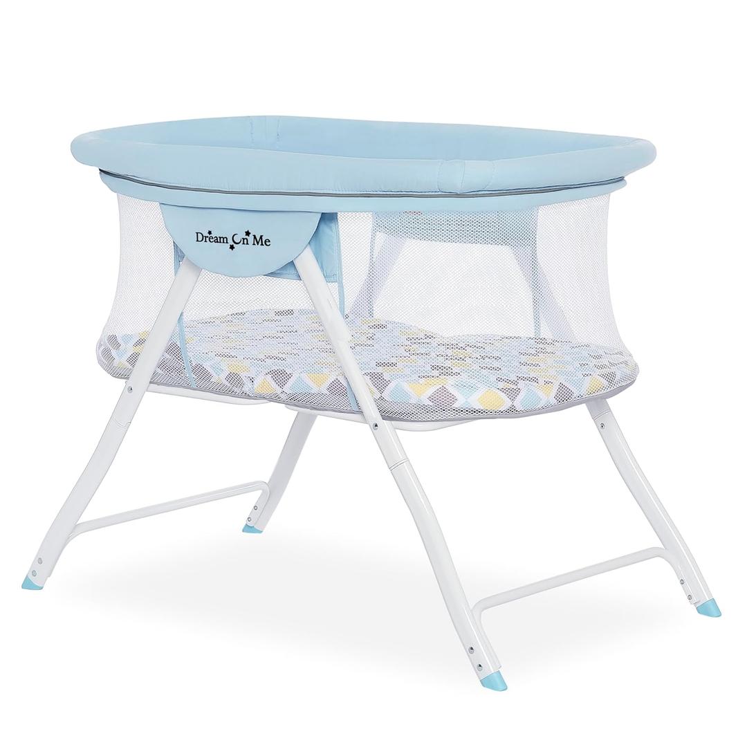 Dream On Me Poppy Traveler Portable Baby Bassinet, Breathable Mesh Airflow Panels, Compact and Lightweight, Quick Fold Travel Friendly Design, Anti-Slip Legs, Travel Bag and Mattress Included- Blue