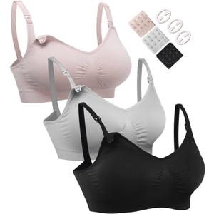 HOFISH 3PACK Full Bust Seamless Nursing Maternity Bras Bralette S-XXL with Extra Bra Extenders & Clips (Large, Black /Grey /Elegant Pink)