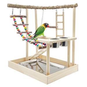 Hamiledyi Bird Playground Parrots Wood Perch Stand Cockatiel Playground Bird Play Gym Colours Climb Ladders Swing Chewing Toys with Parakeet Feeding Cups Exercise Activity Center for Lovebirds Conure