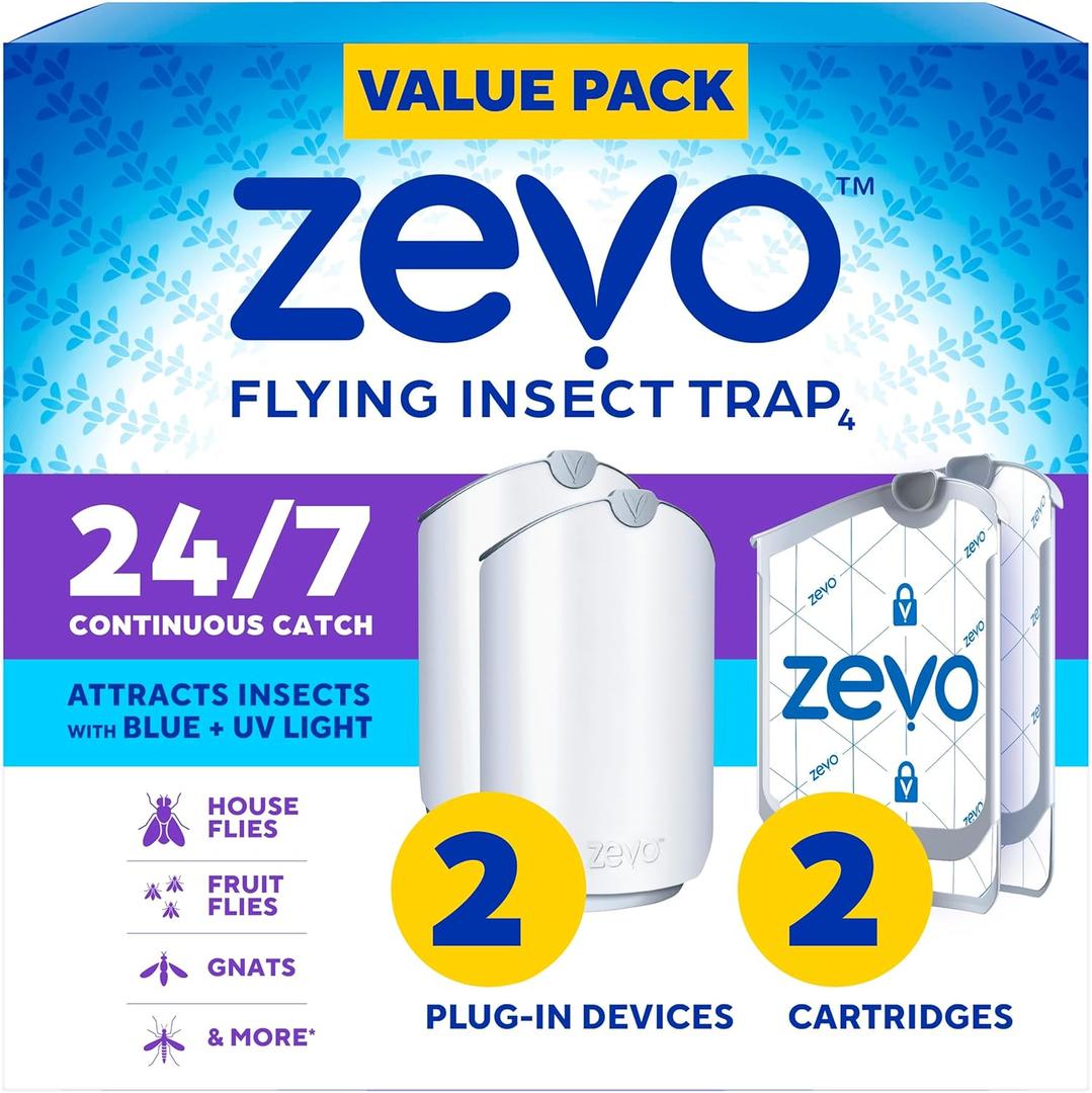 Zevo 2 Flying Insect Traps & 2 Refill Cartridges - Plug in Fly Trap & Indoor Bug Catcher for Gnats, House & Fruit Flies - Blue & UV Light Technology, Mess-Free Alternative to Bug Zapper Zevo 2 Flying Insect Traps & 2 Refill Cartridges - Plug in Fly Trap & Indoor Bug Catcher for Gnats, House & Fruit Flies - Blue & UV Light Technology, Mess-Free Alternative to Bug Zapper