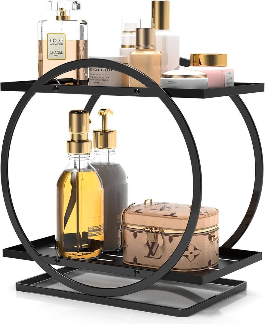 2 Tier Perfume Organizer for Dresser, Black Gold Perfume Organizer Makeup Perfume Stand Organizer for Vanity, Cosmetics Ideal Gift for Perfume Lovers-Black, WIO002-Black
