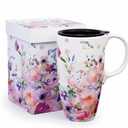 Topadorn Ceramic Coffee Mug Travel Cup Gift with Lid 17oz, Porcelain Tall Tea Cup with Handle for Home & Office, White & Pink Flower Art Pattern Mug in Gift Box, 6.5''H