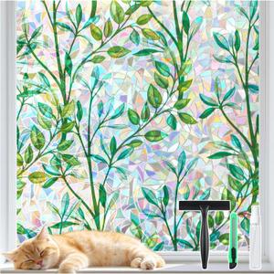 DOWELL Stained Glass Window Privacy Film, Rainbow Film, Prism Leaf | Decorative Prism Effect, Privacy Shield, UV Block Heat Control, No Glue, Easy to Apply, for Home, Office, 23.6" x 78.7"