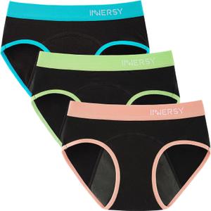 INNERSY Period Underwear for Teens Girls Cotton Leak-Proof Menstrual Panties 3-Pack (14-16 Years, Colored Black)