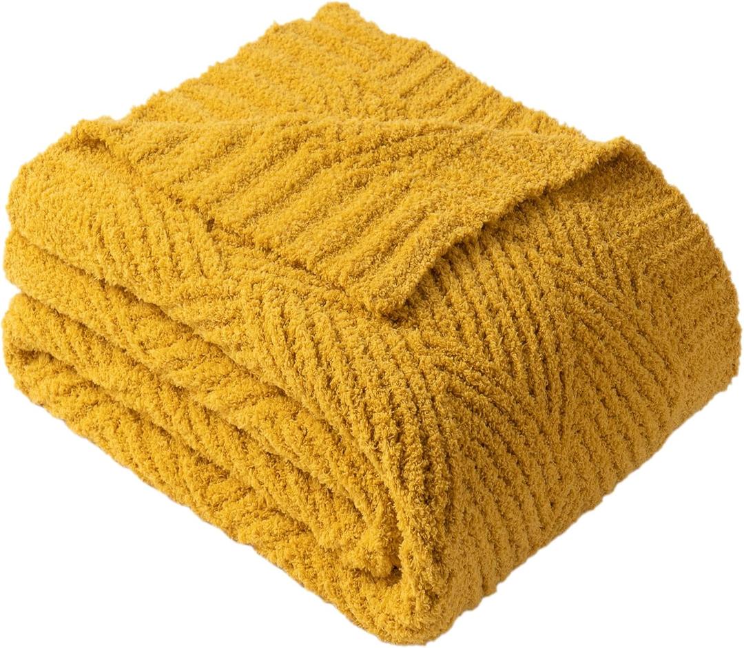 Battilo Yellow Chenille Throw Blanket for Couch, Soft Diamond Textured Knit Blanket, Cozy Lightweight Decorative for Sofa, 50"x60" 