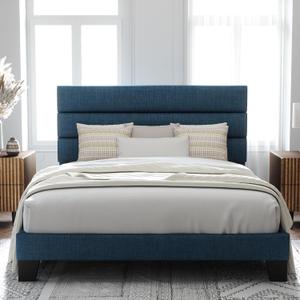 Allewie Queen Size Platform Bed Frame with Fabric Upholstered Headboard and Wooden Slats Support, Fully Upholstered Mattress Foundation/No Box Spring Needed/Easy Assembly, Navy Blue