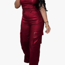 Womens PU Leather Jumpsuit Sexy Off the Shoulder Top Tight Waist Cargo Pants Bodysuit Size L