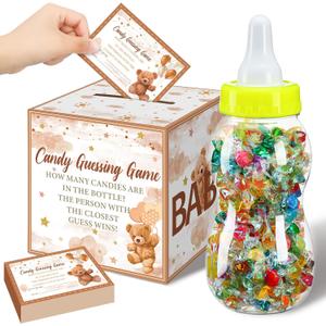 Glenmal 52 Pcs Baby Shower Games Gift Sets Large Baby Bottle for Shower Game Guess How Many Candies Decorations for Gender Reveal(Brown Bear)