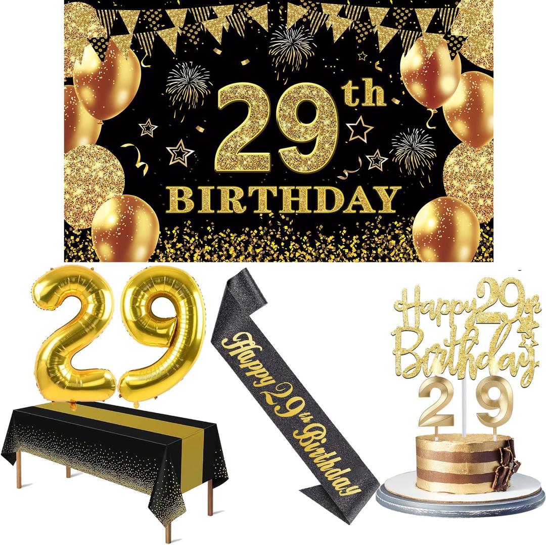 29th Birthday Decorations Men Women with 29th Birthday Banner, Black and Gold Table Cloth, Number Balloons, Large Sash, Cake Topper and Candles