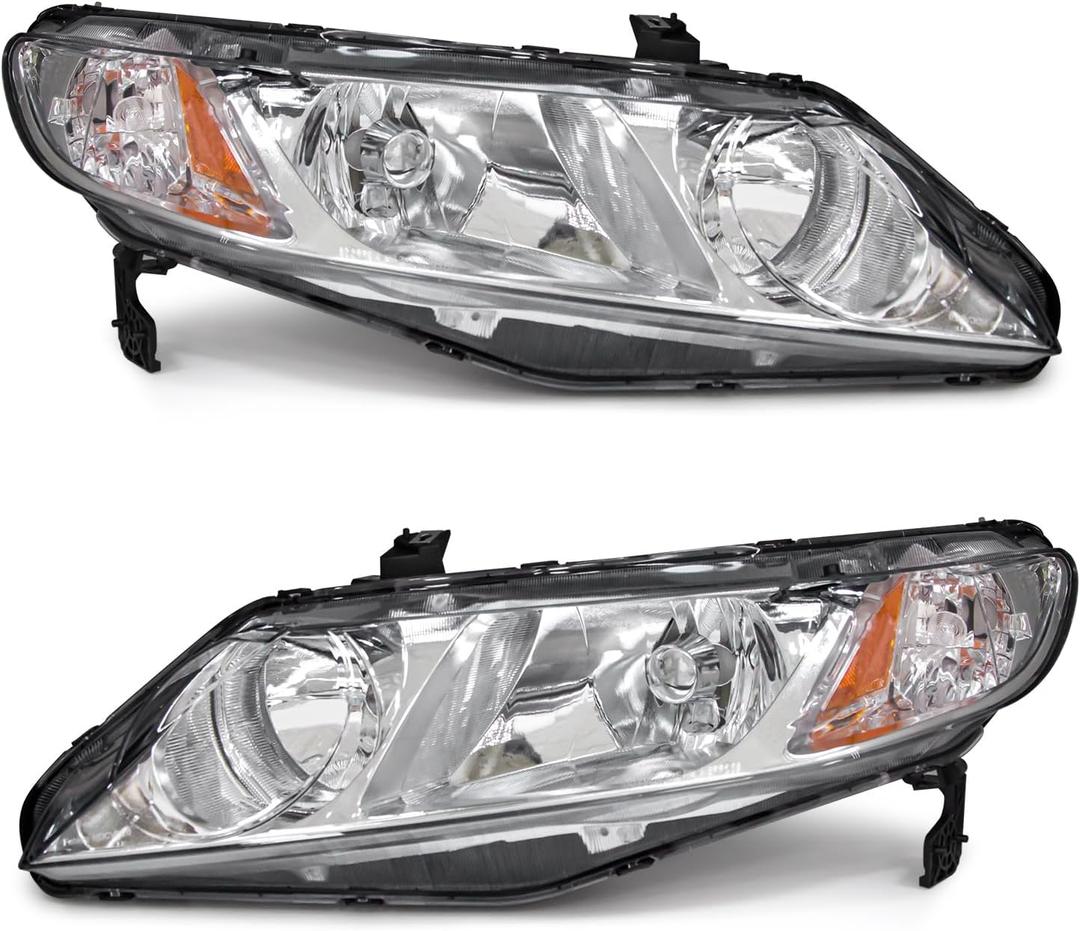 Headlights Assembly Compatible with 2006-2011 Honda Civic 4-Door Sedan Headlamp Replacement for 2006-2011 Civic 4DR Chrome Housing with Amber Reflector(NOT fit 2-Door)W/O Bulbs