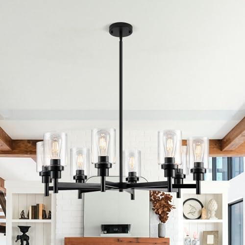 Seilisy 8 Lights Black Chandelier for Dining Room, Farmhouse Modern Contemporary Industrial Ceiling Hanging Pendant Lighting Fixture with Glass Shade for Dinning Kitchen Island Living Room Hallway