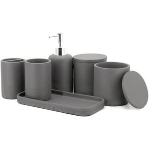 ZCCZ Gray Bathroom Accessories Set 6 Pieces - Toothbrush Holder, Lotion Dispenser, Qtip Container, Vanity Tray, Tumbler - Countertop Organizer for Bathrooms - Elegant and Functional Décor Set