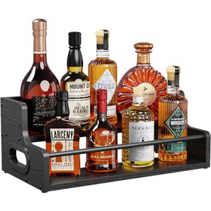 KLM Liquor Bottle Display Shelf, Coffee Syrup Rack Organizer, 2 Step Countertop Liquor Wine Rack, Mini bar,Liquor Cabinet, Home Retro Bar Shelf Stand for Liquor Whiskey, Spirits, (Black)