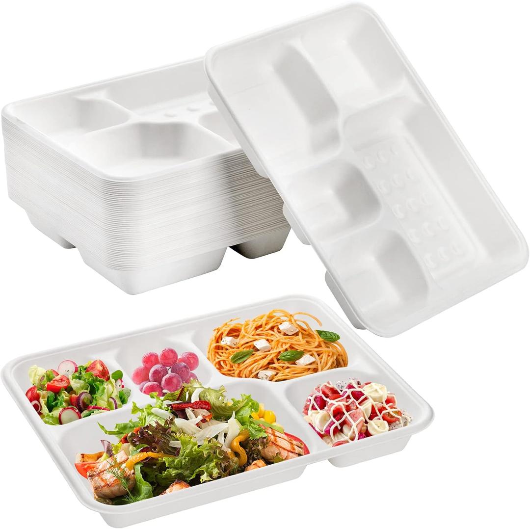 Hacaroa 50 Pack 5-Compartment Compostable Paper Plates, Natural Disposable Bagasse School Lunch Trays, Deep Divided Plates for Party, Picnic, Biodegradable, White