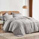 King Size Comforter Set 7 Piece Bed in a Bag,Grid Pinch Pleat Grey Bedding Set,Striped Textured Soft Microfiber Comforter with Sheet Set,All Season Complete Bed Set(Grey,King)