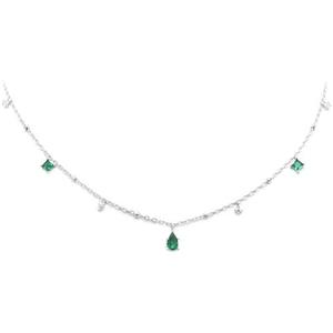 925 Sterling Silver Emerald Green CZ Drop Stations Chain Necklace 18 Inches, White Rhodium Plating