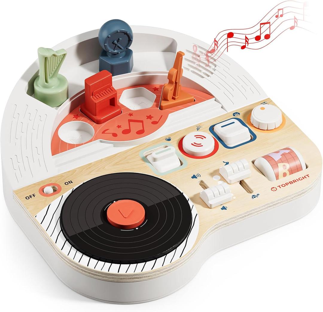 TOP BRIGHT DJ Music Busy Board - Wooden Toddler Toys for Boys and Girls，Montessori Sensory Toy with 14 Activities with Sound Blocks, Portable Travel Toy for 18M+