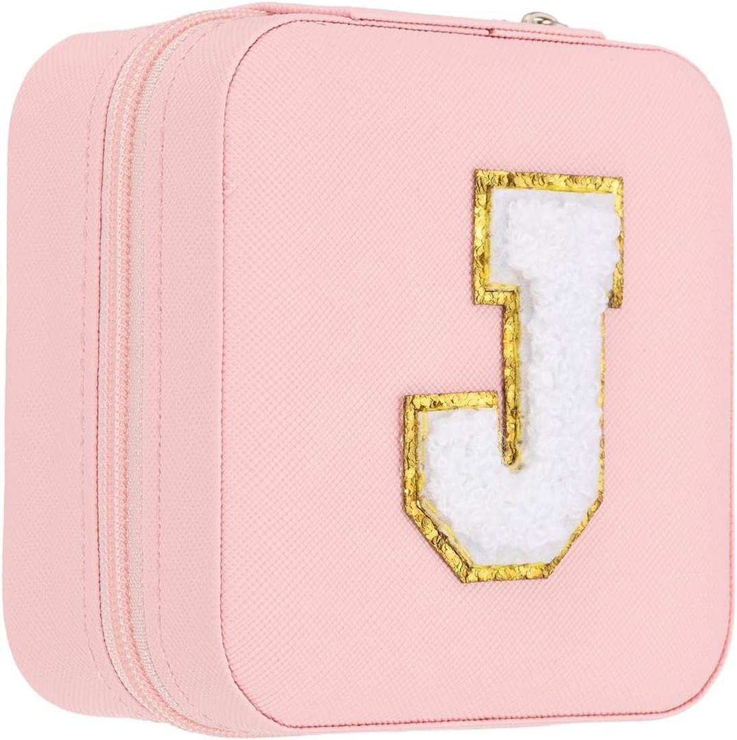 PATIKIL Travel Jewelry Case, Initial Jewelry Box Small Travel Organizer with Mirror for Women Rings Earrings Necklaces Bracelets, Pink (Letter J)