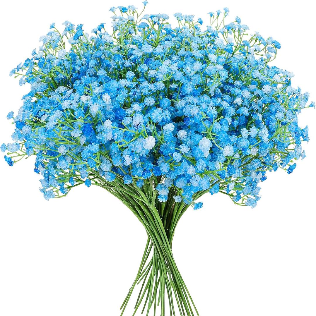 24 Pcs Blue Fake Baby Breath Artificial Flowers 20.5 Inch Real Touch Gypsophila for Wedding Bouquet Party Decor Faux Floral Arrangements Home Garden Centerpieces