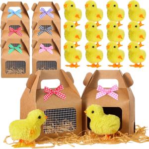 Ceenna 24 Pcs Adopt a Chick Party Favors 12 Wind up Jumping Chick 12 Foldable Chicken Coop Box with Raffia Grass Bowknot Chicken Party Favor Adopt a Farm Animal Birthday Gifts