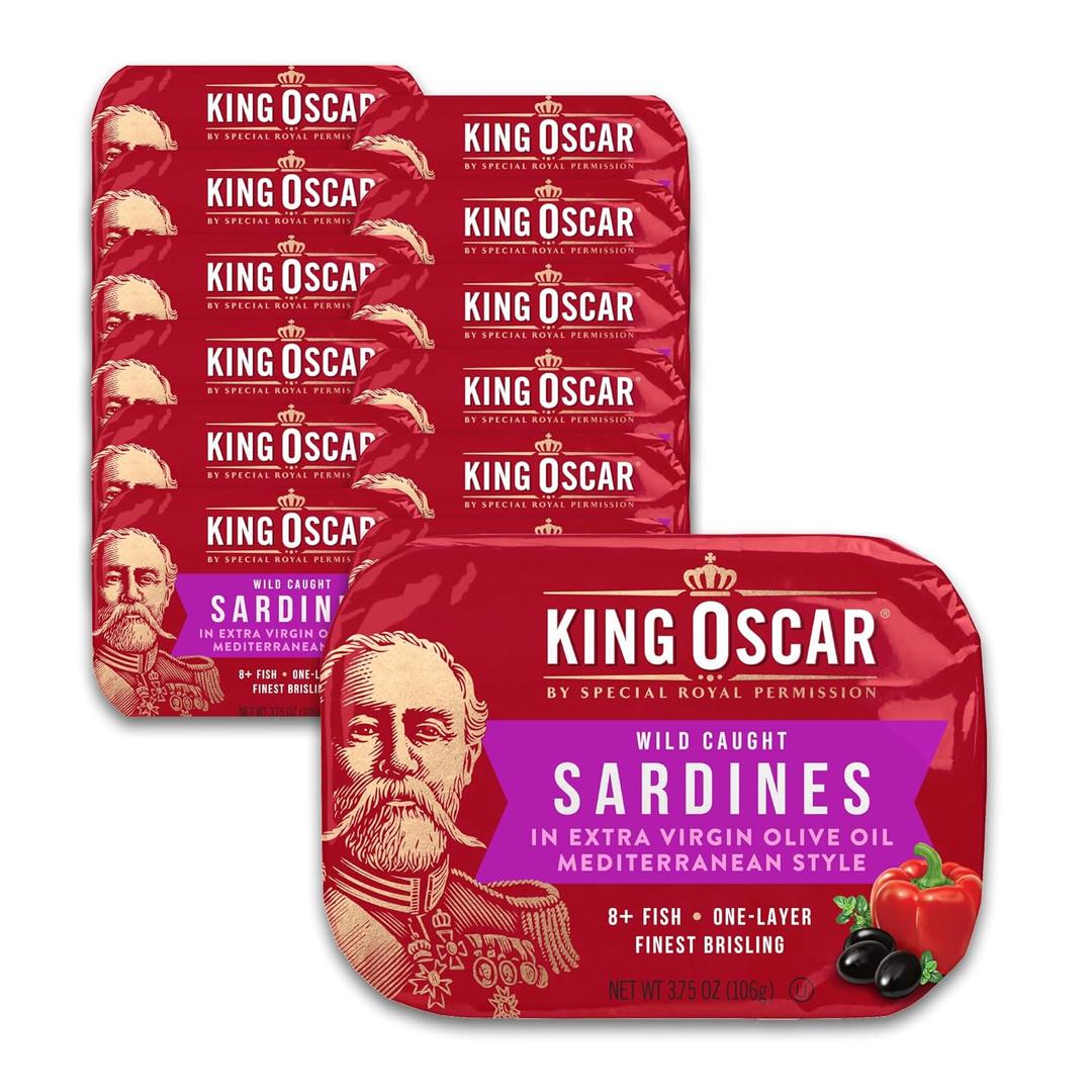 King Oscar Premium Sardines in Extra Virgin Olive Oil, Mediterranean Style, 3.75 Ounce Cans (Pack of 12), Wild Caught Sardines, BB Date: 01/26/2031