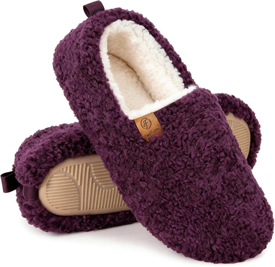 EverFoams Womens Soft Curly Full Slippers Memory Foam Lightweight House Shoes Cozy Loafer with Polar Fleece Lining (9-10, Dark Aubergine)
