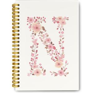 Pink Cute Spiral Notebook Journal, Preppy Floral Initial Letter N Personalized Journaling Notebooks, Monogrammed Gifts for Women Girls, Botanical Hardcover Spiral Lined Notebook 5.5 x 8.3