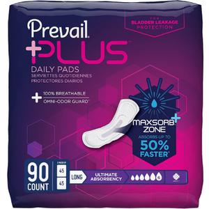 Prevail Plus | Long Length Incontinence Bladder Control Pads | Ultimate Absorbency | 90 Count (2 Packs of 45)