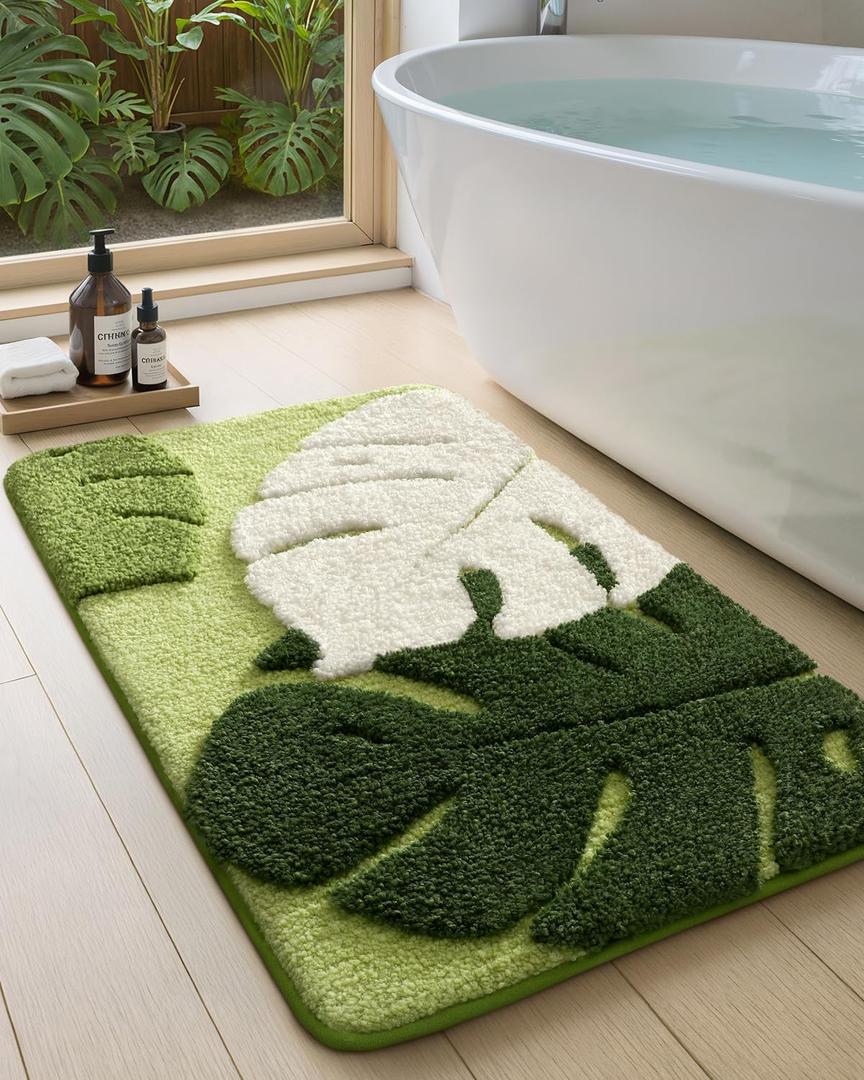 Color&Geometry Cute Leaf Bathroom Rug, Plush Absorbent Non Slip Washable Plant Decor Bath Mat, Ideal for Shower Sink, Bathtub Floor, Bedroom, Kids Room, 24"x36", Green
