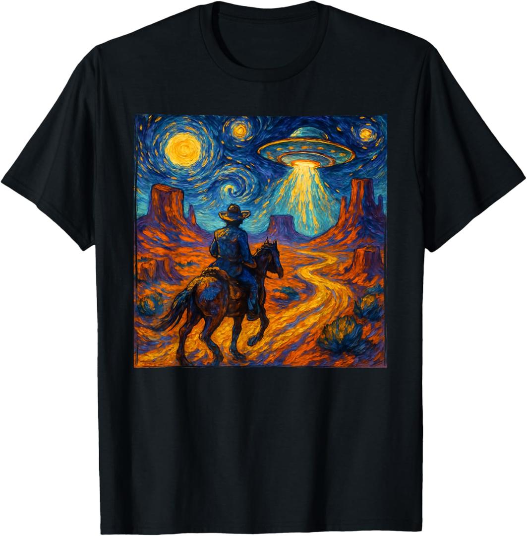 Surreal Space Cowboy UFO Alien Western Trippy Cosmic Art T-Shirt, Size: M