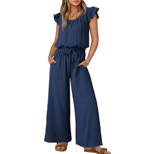 Dokotoo Jumpsuits for Women 2026 Summer Ruffle Sleeves Square Neck Rompers Drawstring Overalls with Pockets (Large, Navy)