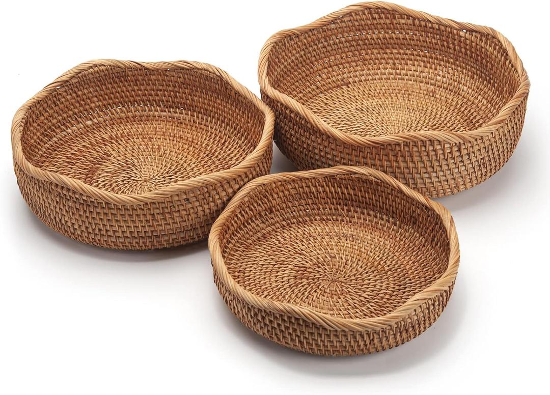 Rattan Bread Baskets Round Woven Fruit Bowls Key Holders Stackable for Storage, Snack, Fruit, Vegetable Natural Set of 3 (Wave)