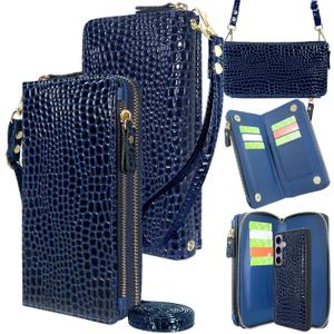 Harryshell Compatible with Samsung Galaxy S24 5G Case Wallet Detachable Phone Cover Dual Zipper [11 Card Slots] with [Theft-Scan Blocking] Crossbody Wrist Strap for S24 6.2" (Crocodile Deep Blue)