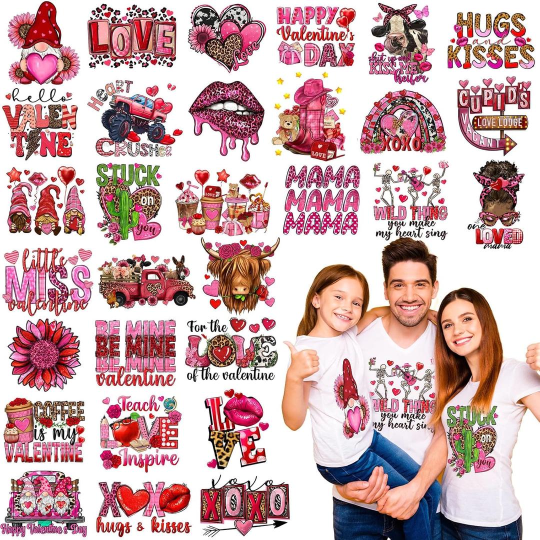 Estune 30 Pcs Valentines Day Iron on Transfers Valentines Heat Patches Vinyl Pink Valentines Day DTF Transfers Read to Press Iron on Decals for Clothes Bag Covers DIY Decoration(Western)