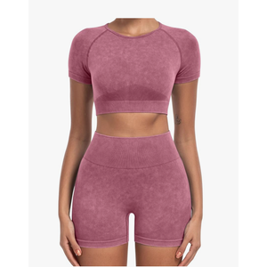 2 Piece Workout Short Sleevet Sets for Women,Seamless Summer Gym Tops High Waist Yoga Shorts Outfits M