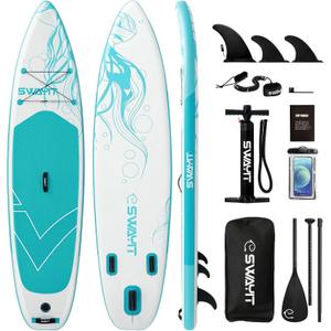 SWAYIT Inflatable Stand Up Paddle Board – Durable SUP for Adults & Youth,33" Wide Blow Up Paddle Board with Paddle, Pump, Backpack,Leash – All Around Stable for All Skill Levels, Carries up to 450 lbs, Jellyfish White