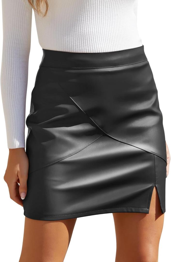 We1Fit Womens Fuax Leather Skirt High Waisted Bodycon Pencil Mini Skirts with Shorts (Large, Black)