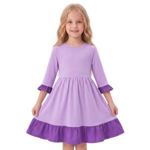 Girls Twirl Dress with Ruffle Sleeves Color Block Cotton Dress with Flare Hem,Purple,8Y (Purple)