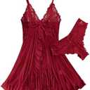 Foxiny Open Front Ruffle Sheer Mesh Lace Wireless Babydoll Lingerie Dress with Thong 2 Piece, M