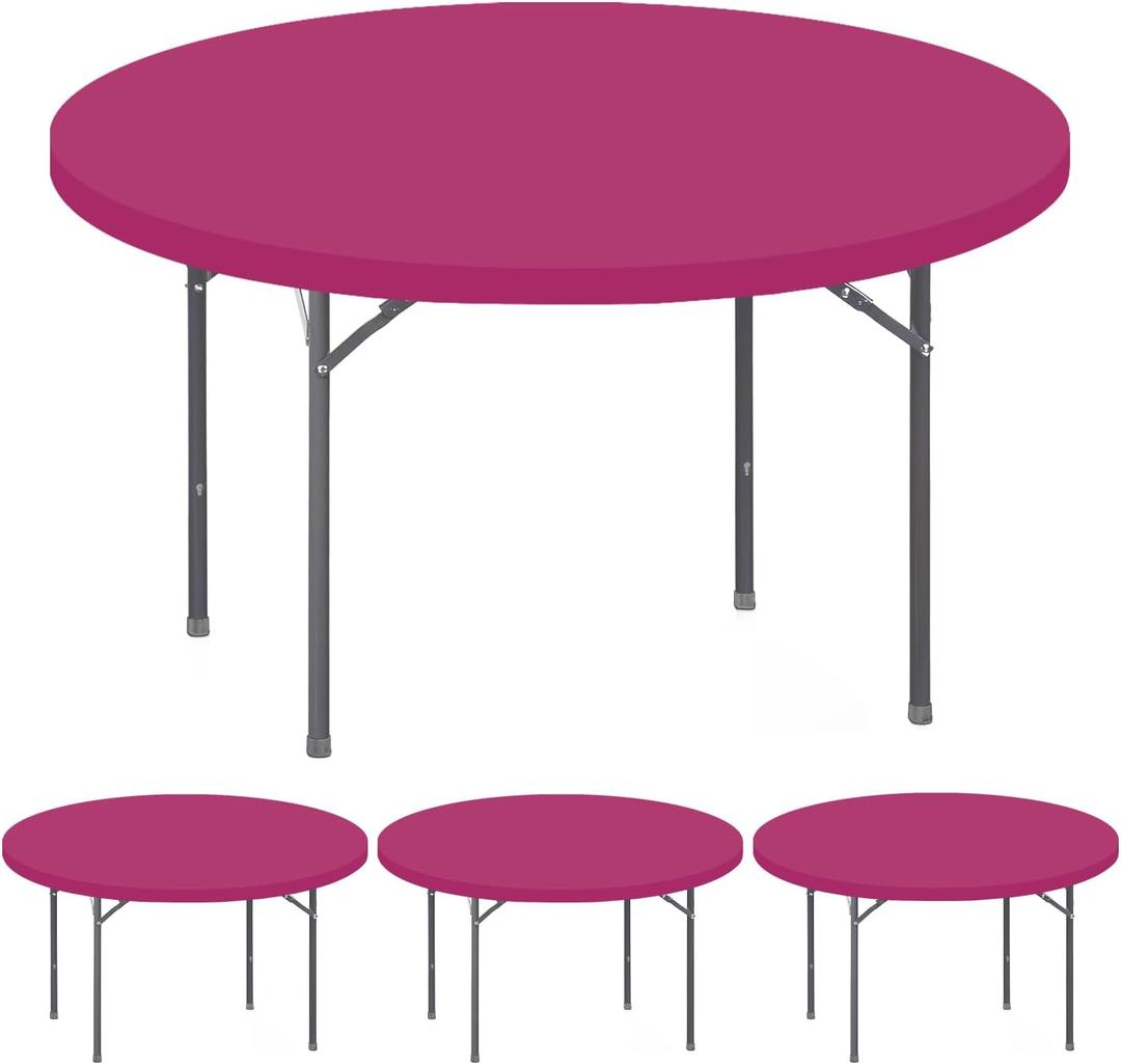 4 Pack Elastic Round Fitted Tablecloths for 60 Inches Tables Waterproof Picnic Table Cover Stretch Washable Indoor Outdoor Folding Spandex Tablecloth for Dining Wedding Banquet and Parties (Hot Pink)