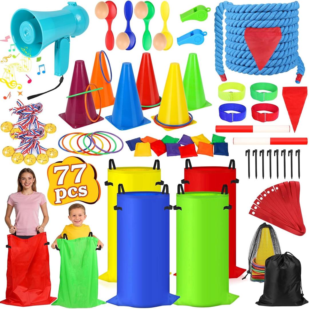 77 Pcs Potato Sack Race Bags, 8-in-1 Outdoor Carnival Games for Kids and Adults, Bean Bags Ring Toss, Tug of War Rope, Megaphone, Field Day Games for Lawn, Backyard, School, Birthday, Family, Beach