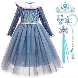 Toddler Snow Princess Costume Girls Blue Queen Dress for Halloween Christmas Cosplay Party Outfits (6-7Y)