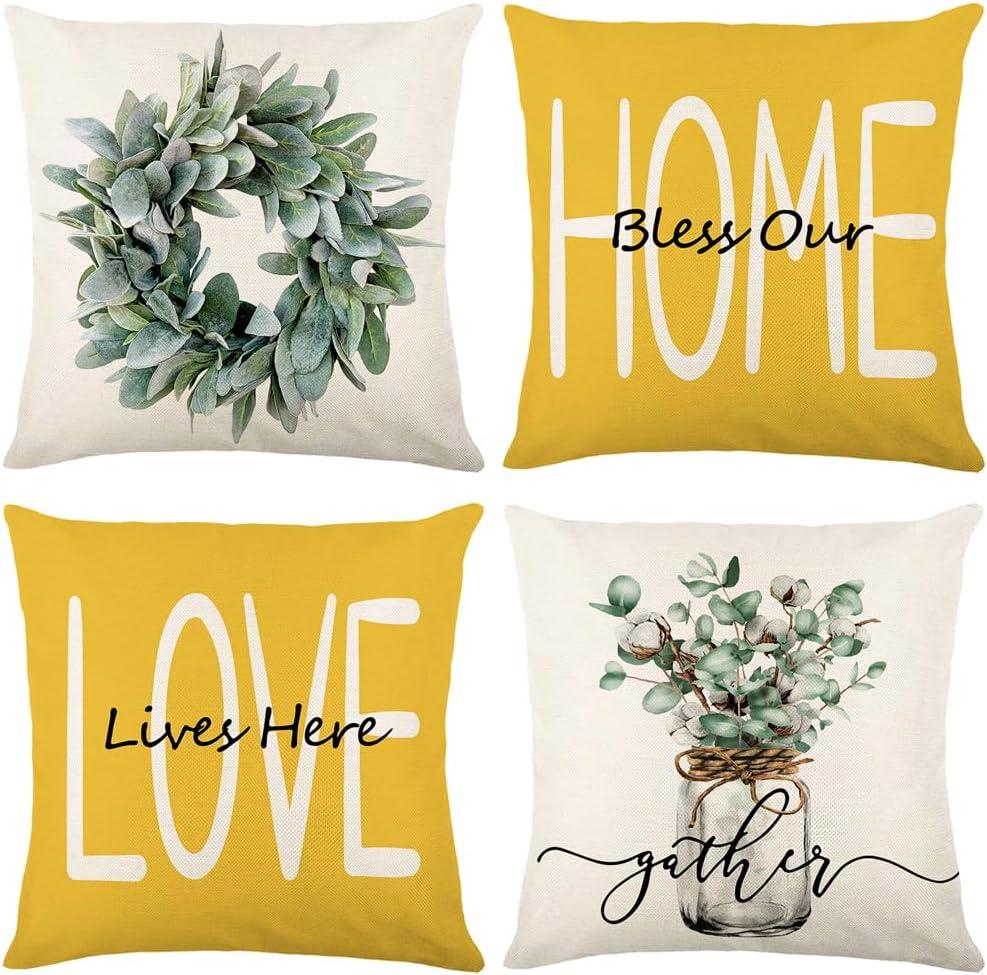 wyooxoo Throw Pillow Covers 16x16 Set of 4 Farmhouse Yellow Pillow Covers Cushion Cases Decorative Pillowcases for Sofa Couch Living Room Outdoor Home Decor (Yellow, 16" x 16")
