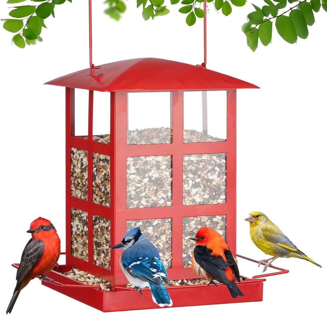Bird Feeder, Heavy Duty Metal Bird Feeders for Outdoor Hanging, Retro Red House Wild Birdfeeder, Rainproof & Waterproof, 6 LBs Extra Large Capacity