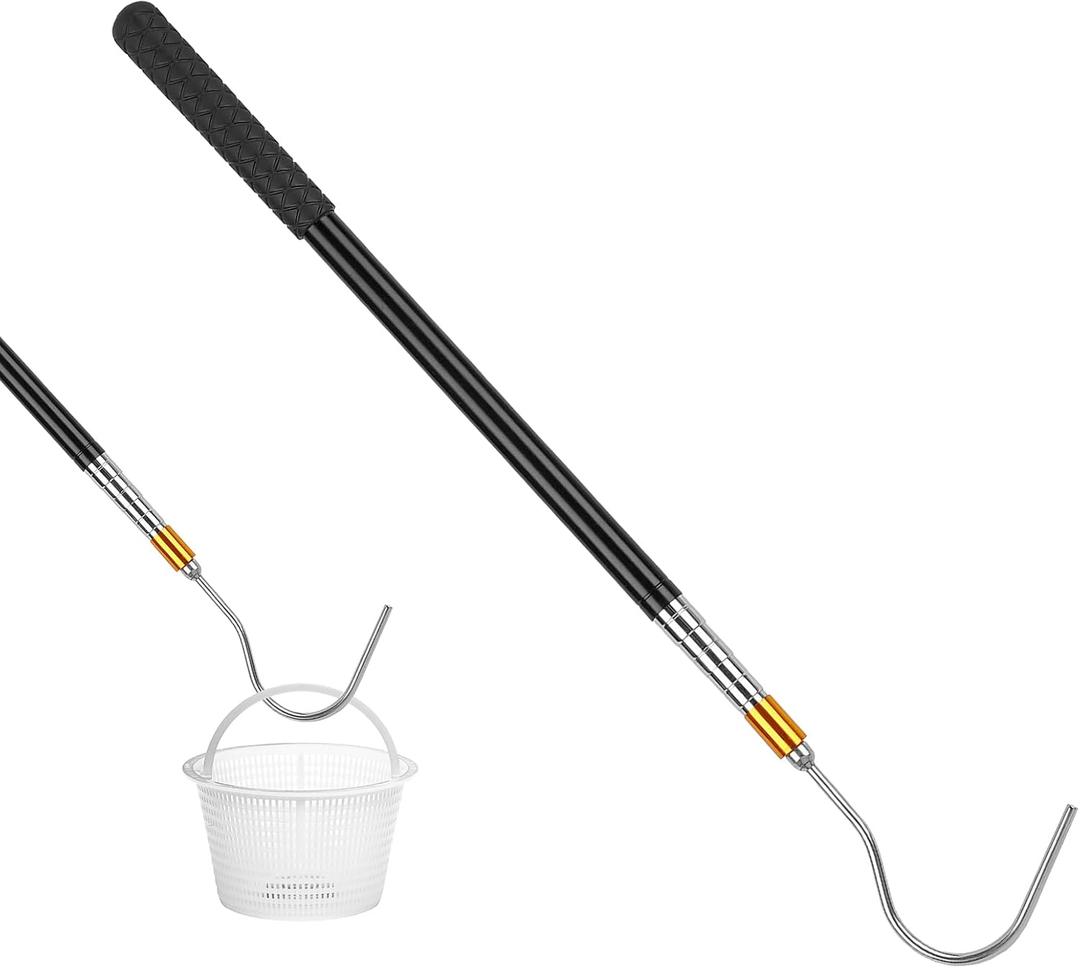 Pool Skimmer Basket Hook Extendable Pool Filter Skimmer Handle 61.6 Inch Swimming Pool Basket Lid Lifting Hook for Knee Saver Pool Cleaning Accessory Keep Hands Clean