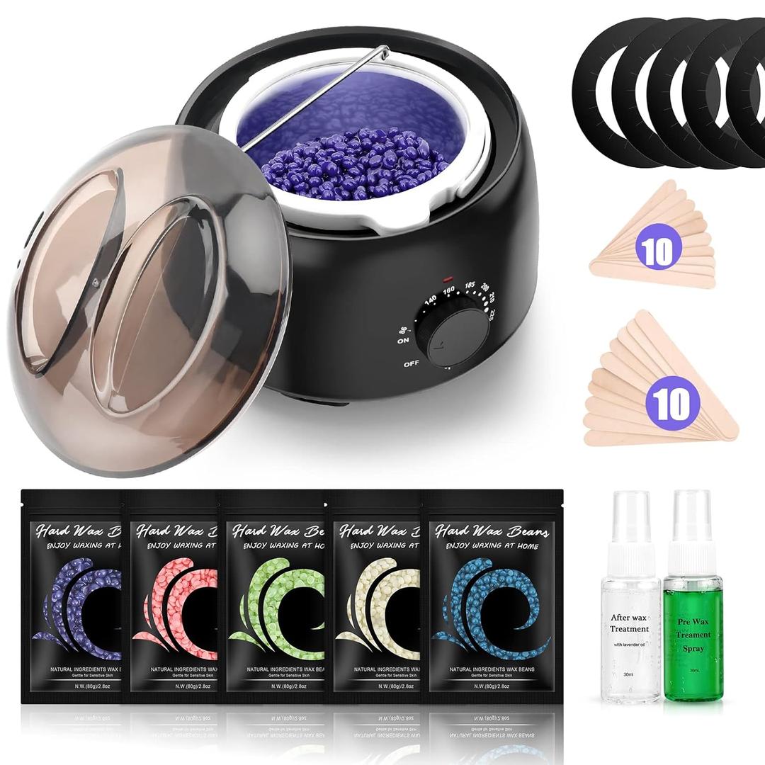 Waxing Kit - TIKESI Wax Warmer for Hair Removal, Hard Wax Kit with 14oz 5 Bags Hard Wax Beans for Full Body, Legs, Face, Eyebrows, Bikini, Brazilian Waxing Kit for Women Men (Black)