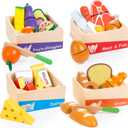 WOODMAM Wooden Play Food Set for Toddlers - Montessori Pretend Play Kitchen Toys with Color Sorting Food Groups & Cutting Fruits Vegetables for Boys & Girls Ages 3 4 5 6, child-size