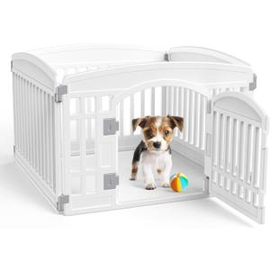 Dog Playpen 4-Panel, 24IN Puppy Playpen, Stable Dog Play Pen Indoors/Outdoor with Secure Locking Door, Plastic Pet Fence for Small & Medium Dogs (Cream White)